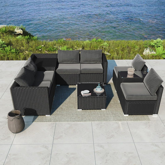 Quincy 8-Seater Modular Armchairs and Coffee Table 9-Piece Outdoor Sofa - Black