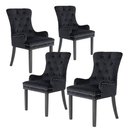 Arabella Set of 4 French Provincial Dining Chair Ring Studded Velvet Rubberwood Leg - Black