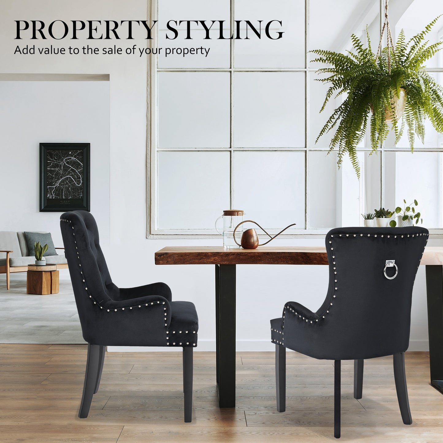Arabella Set of 4 French Provincial Dining Chair Ring Studded Velvet Rubberwood Leg - Black