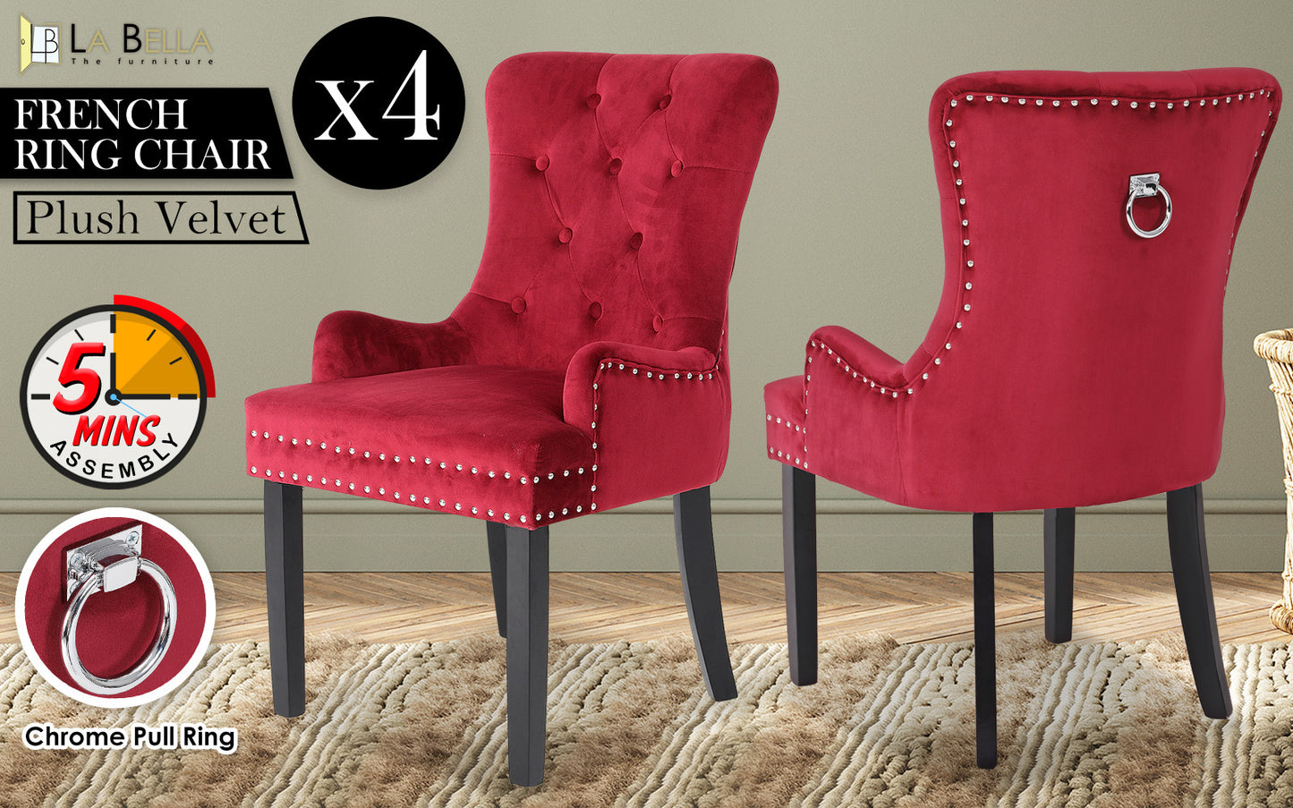 Arabella Set of 4 French Provincial Dining Chair Ring Studded Velvet Rubberwood Leg - Bordeaux Red