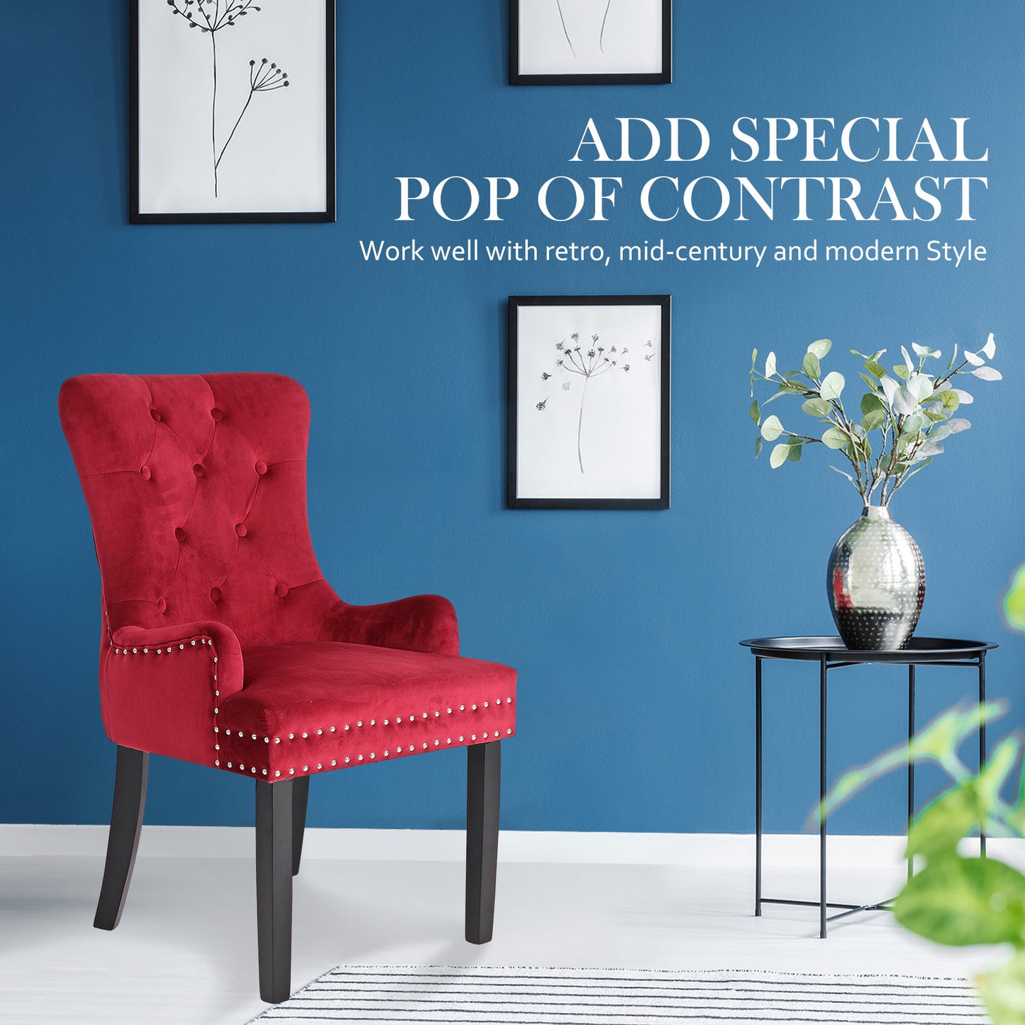 Arabella Set of 4 French Provincial Dining Chair Ring Studded Velvet Rubberwood Leg - Bordeaux Red