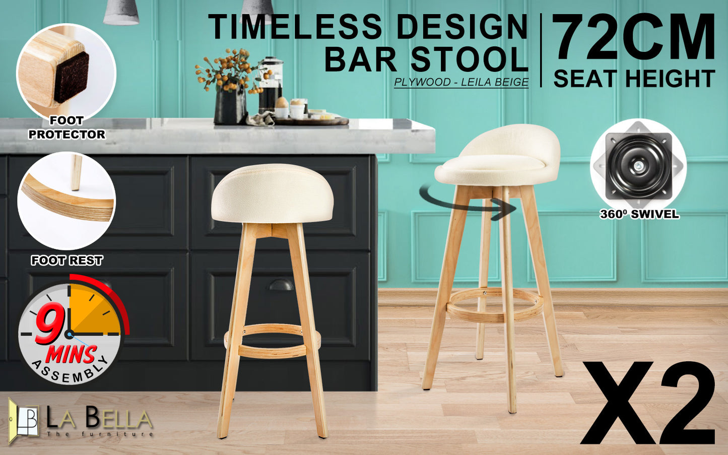 Set of 2 London Wood Bar Stool Dining Chair Fabric - Beige