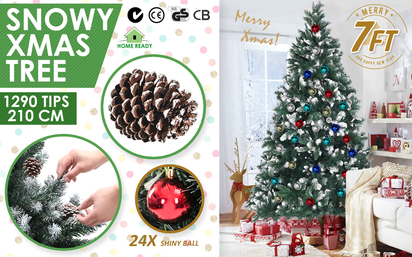 7ft 2.1m 1290 Tips Snowy Christmas Tree Xmas Pine Cones + Bauble Balls Green