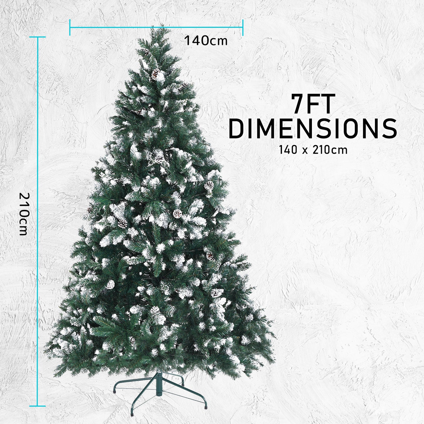 7ft 2.1m 1290 Tips Snowy Christmas Tree Xmas Pine Cones + Bauble Balls Green