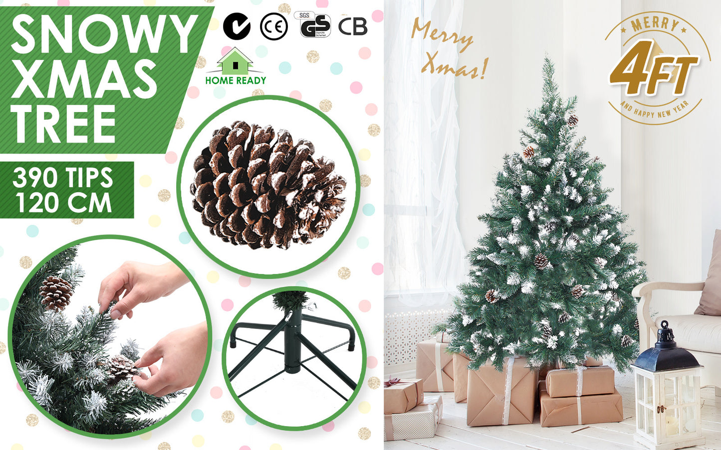 4ft 1.2m 390 Tips Snowy Christmas Tree Xmas Pine Cones Green