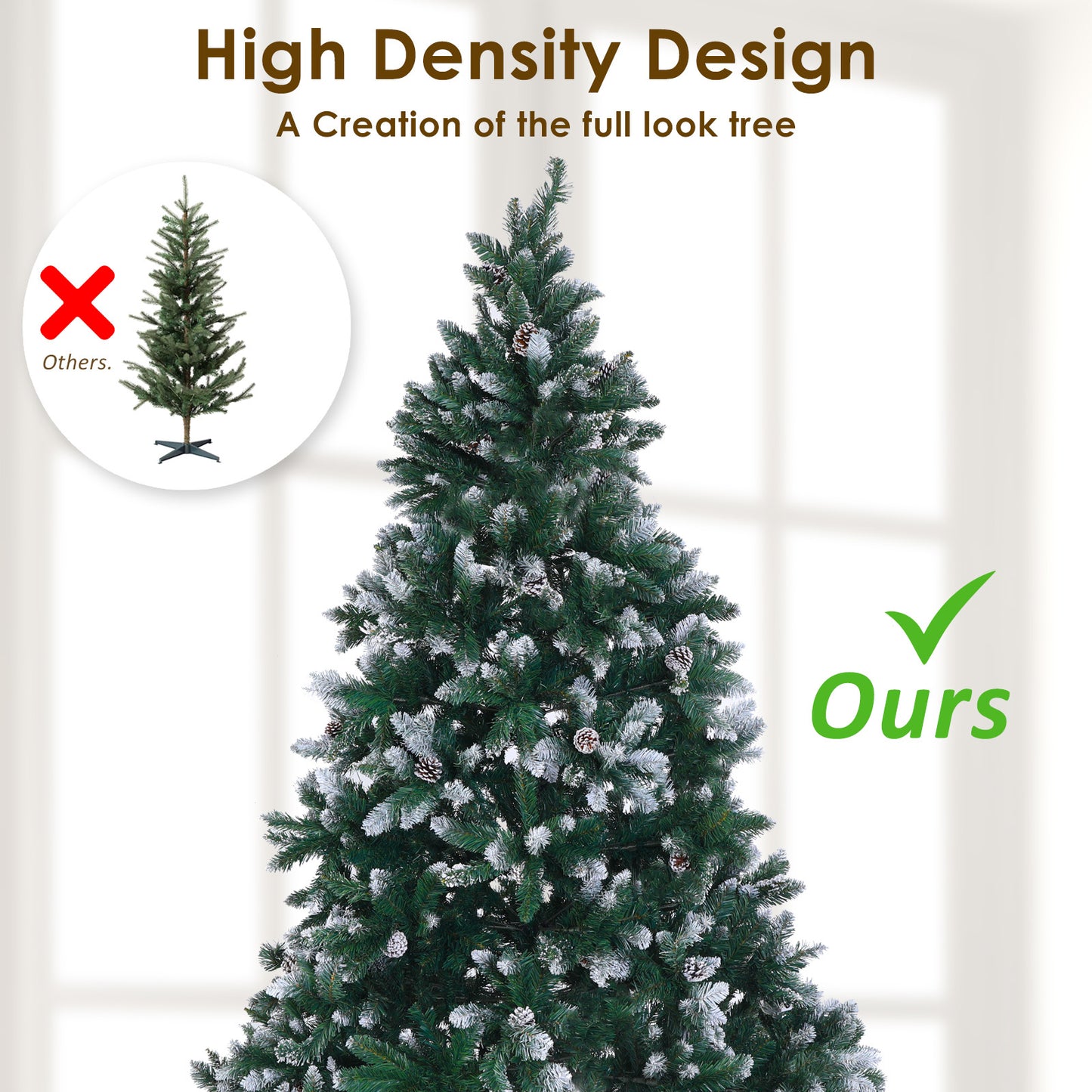 5ft 1.5m 720 Tips Snowy Christmas Tree Xmas Pine Cones + Bauble Balls Green