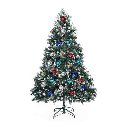 6ft 1.8m 930 Tips Snowy Christmas Tree Xmas Pine Cones + Bauble Balls Green