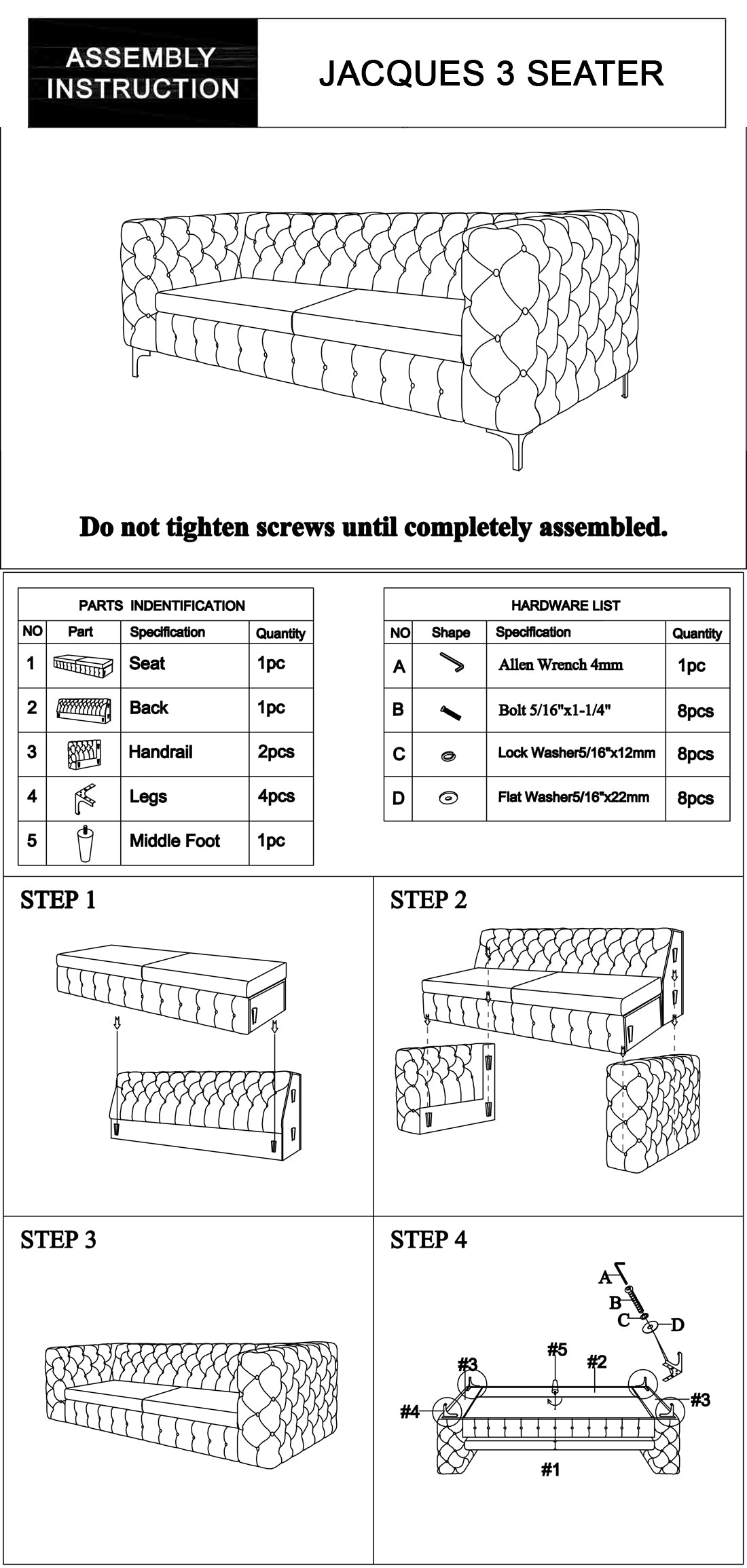 Mourd 3-Seater Sofa Classic Button Tufted Lounge Velvet Fabric with Metal Legs - Black
