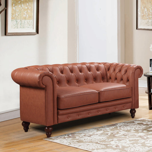 Mabel 2-Seater Sofa Lounge Button Tufted in Faux Leather - Brown