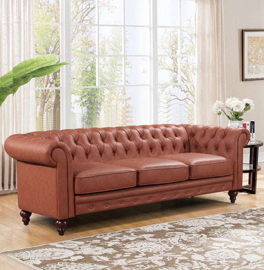 Mabel 3-Seater Sofa Lounge Button Tufted in Faux Leather - Brown