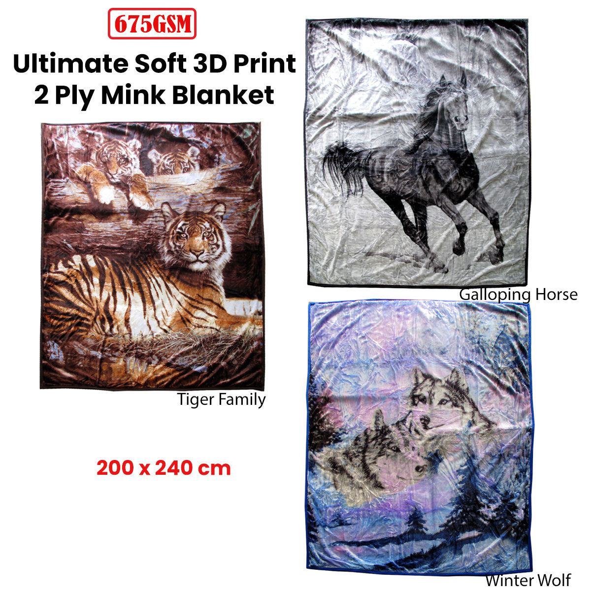 Walden Throw Soft Blanket 675GSM 2 Ply 3D Print Faux Mink Blanket Queen 200x240cm - Winter Wolf