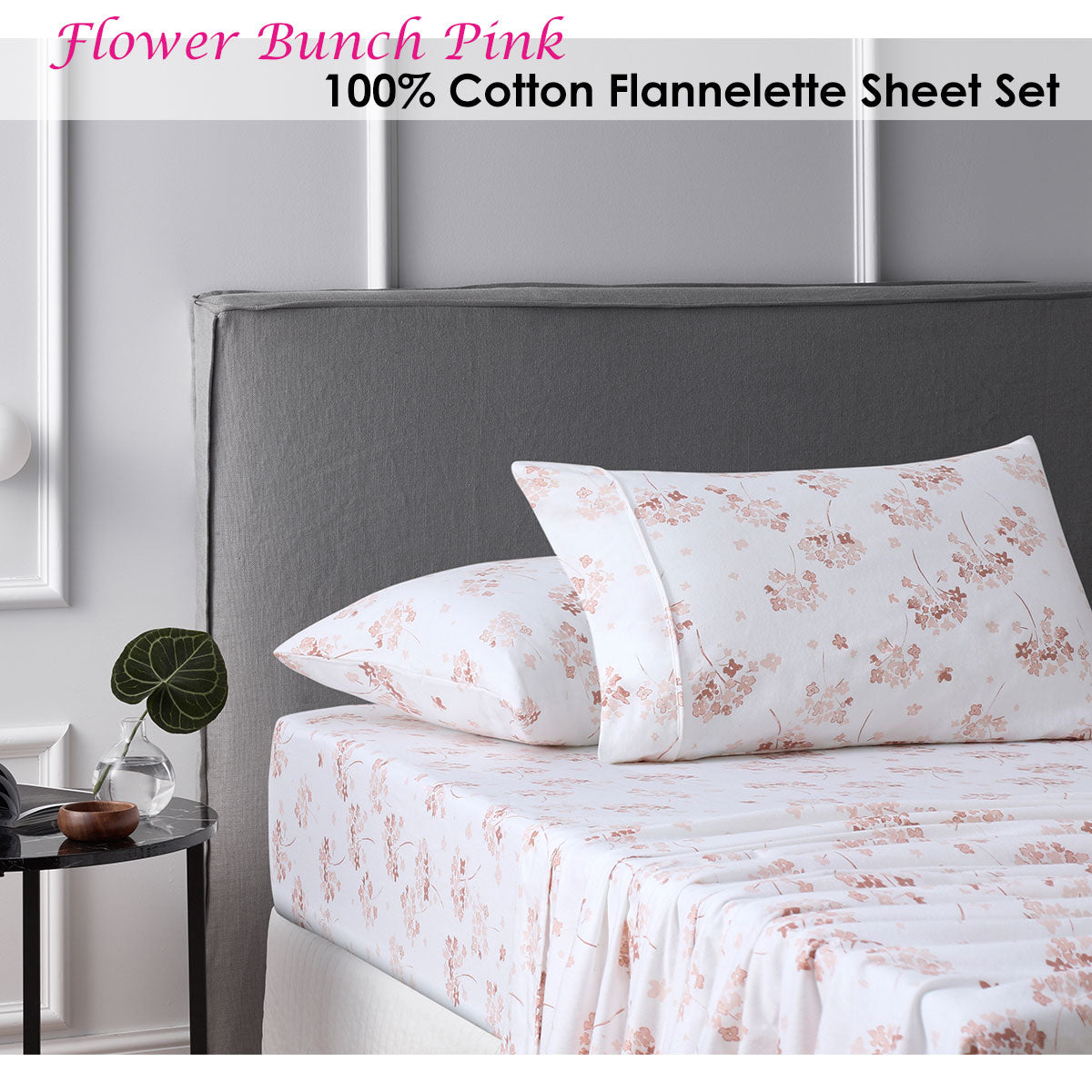 King Accessorize Cotton Flannelette Sheet Set Flower Bunch Pink