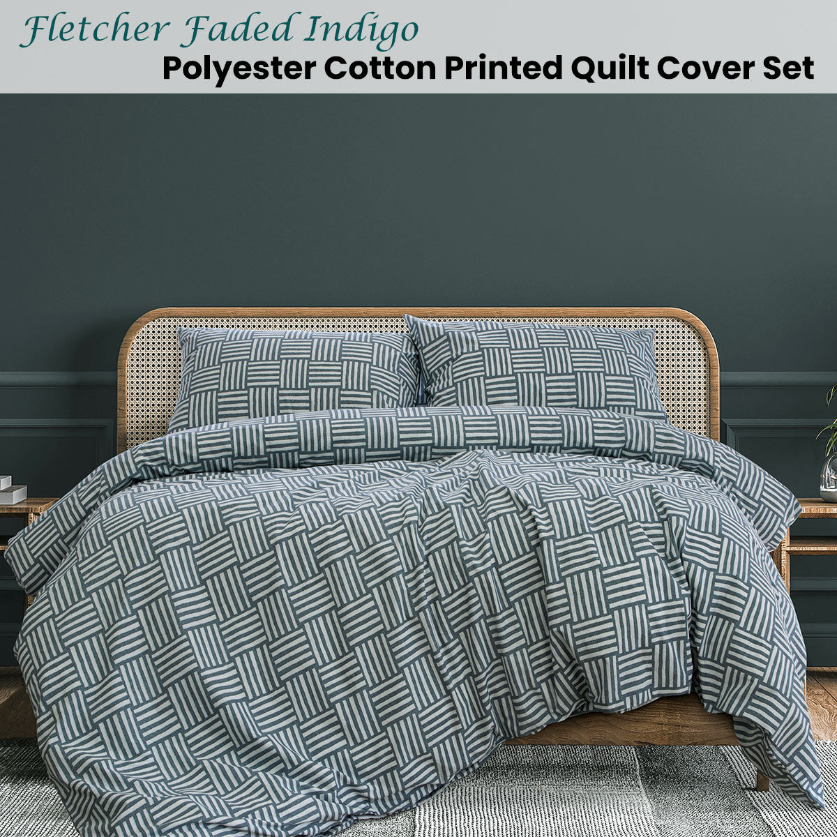KING Printed Quilt Cover Set - Faded Indigo