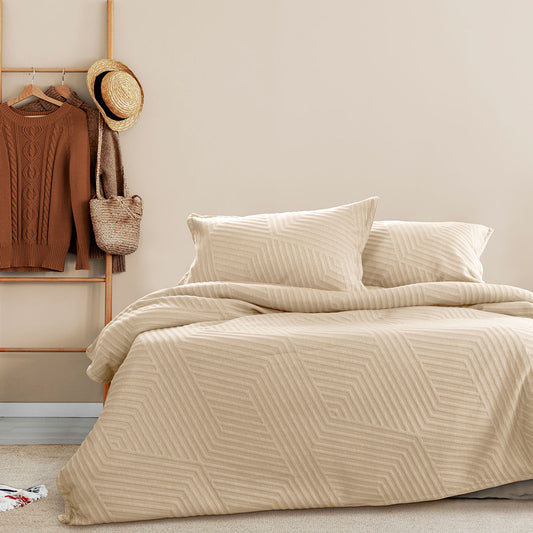 QUEEN Linen Embossed Texture Geo Quilt Cover Set - Beige