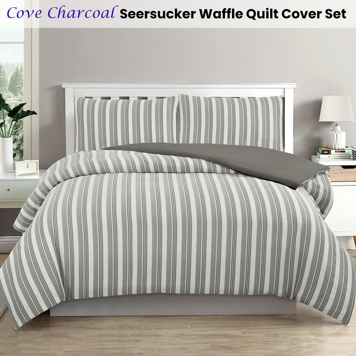 SINGLE 3-Piece Seersucker Waffle Quilt Cover Set - Charcoal