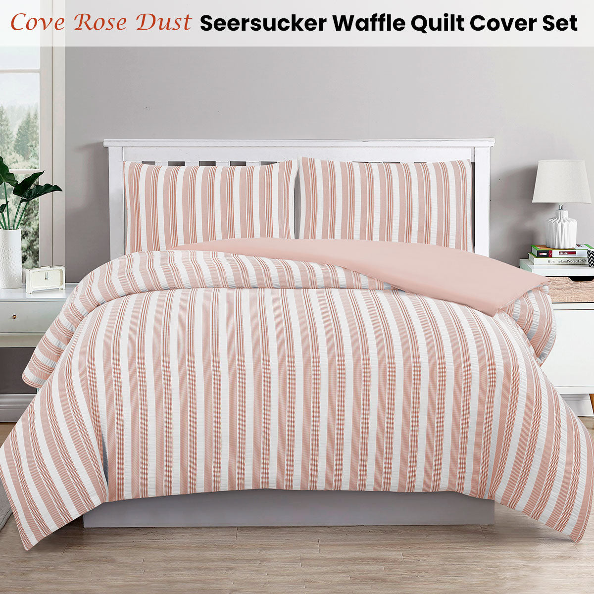 QUEEN 3-Piece Seersucker Waffle Quilt Cover Set - Peach