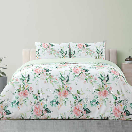 KING Soft Sage Printed Floral Quilt Cover Set - Rose