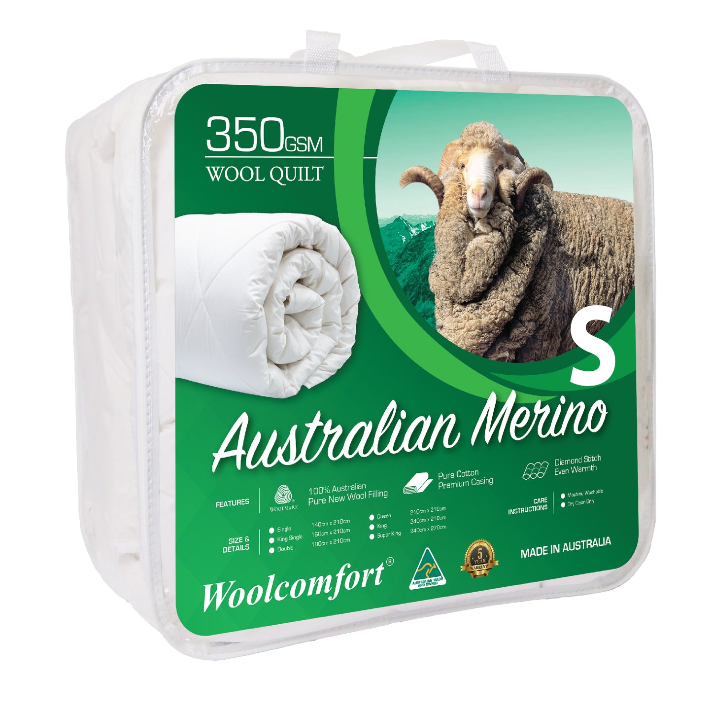 Single Woolcomfort AUS Made Merino Wool Quilt 350GSM 140x210cm