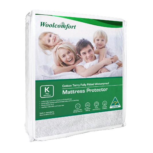 KING Terry Cotton Fully Fitted Waterproof Mattress Protector - White