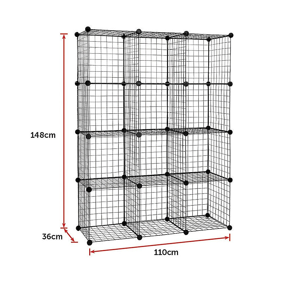 12 Cube Wire Grid Organiser Bookcase Storage Cabinet Wardrobe Closet - Black