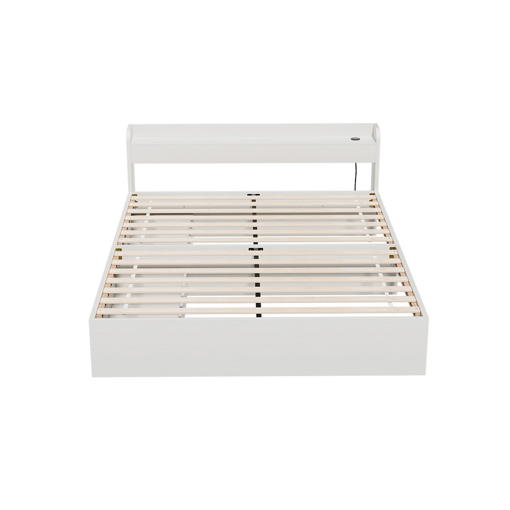 Rosemary Bed Frame Mattress Base with Charging Ports 2 Storage Drawers - White Double