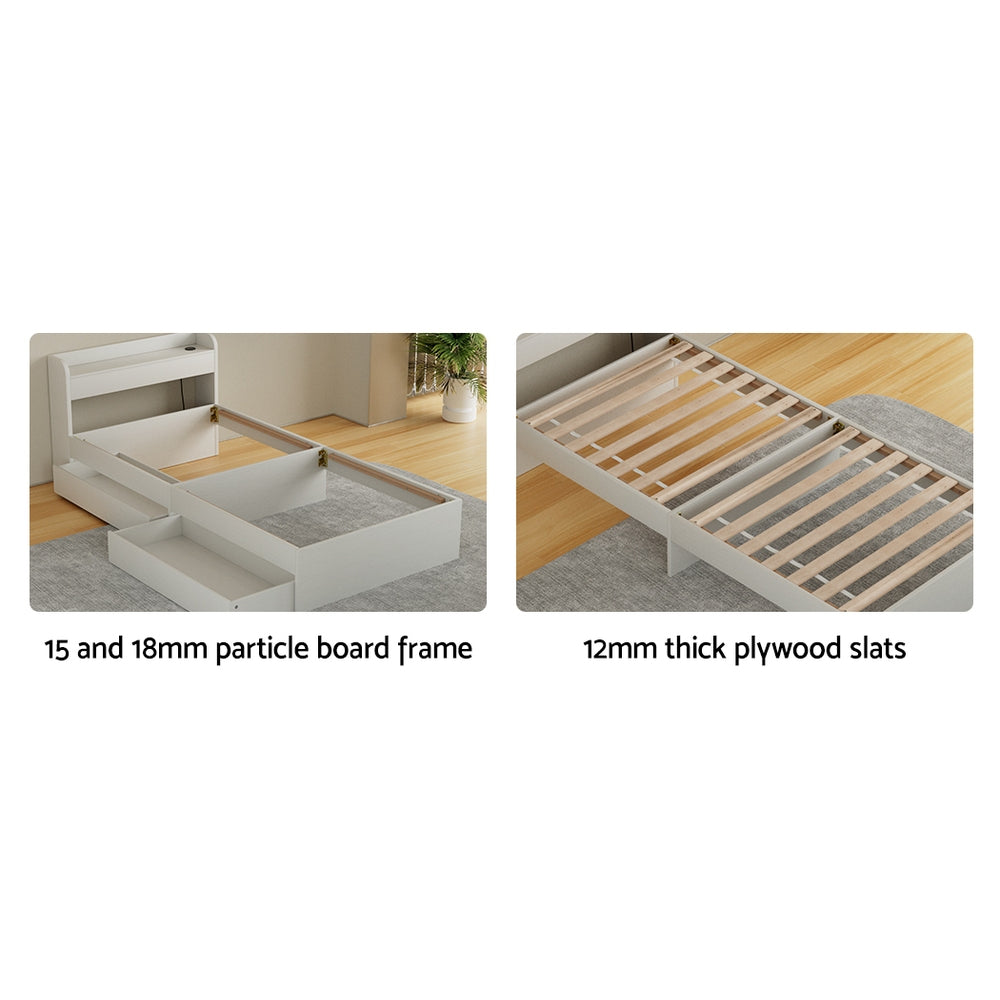 Rosemary Bed Frame Mattress Base wtih Charging Ports 2 Storage Drawers - White Single