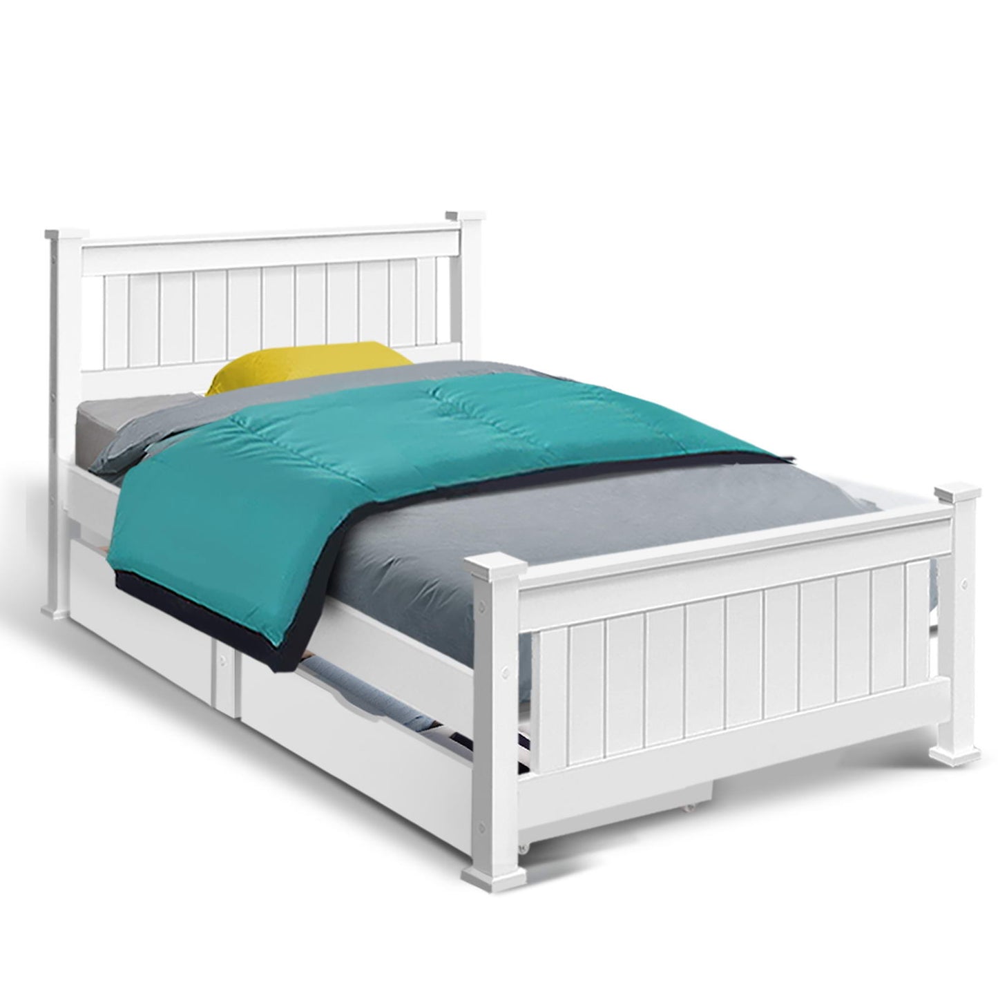 Mystique Wooden Bed Frame Timber with Storage Drawers - White Single