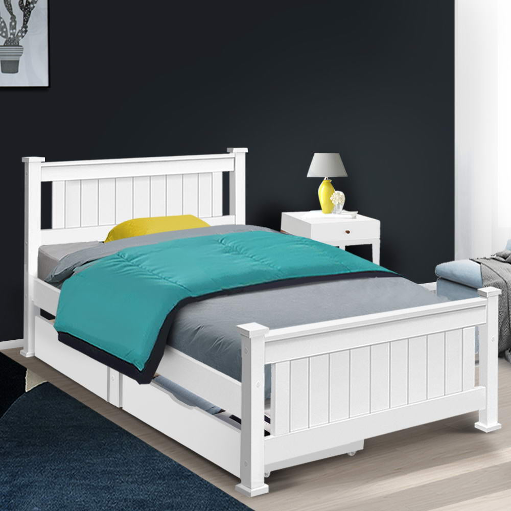 Mystique Wooden Bed Frame Timber with Storage Drawers - White Single