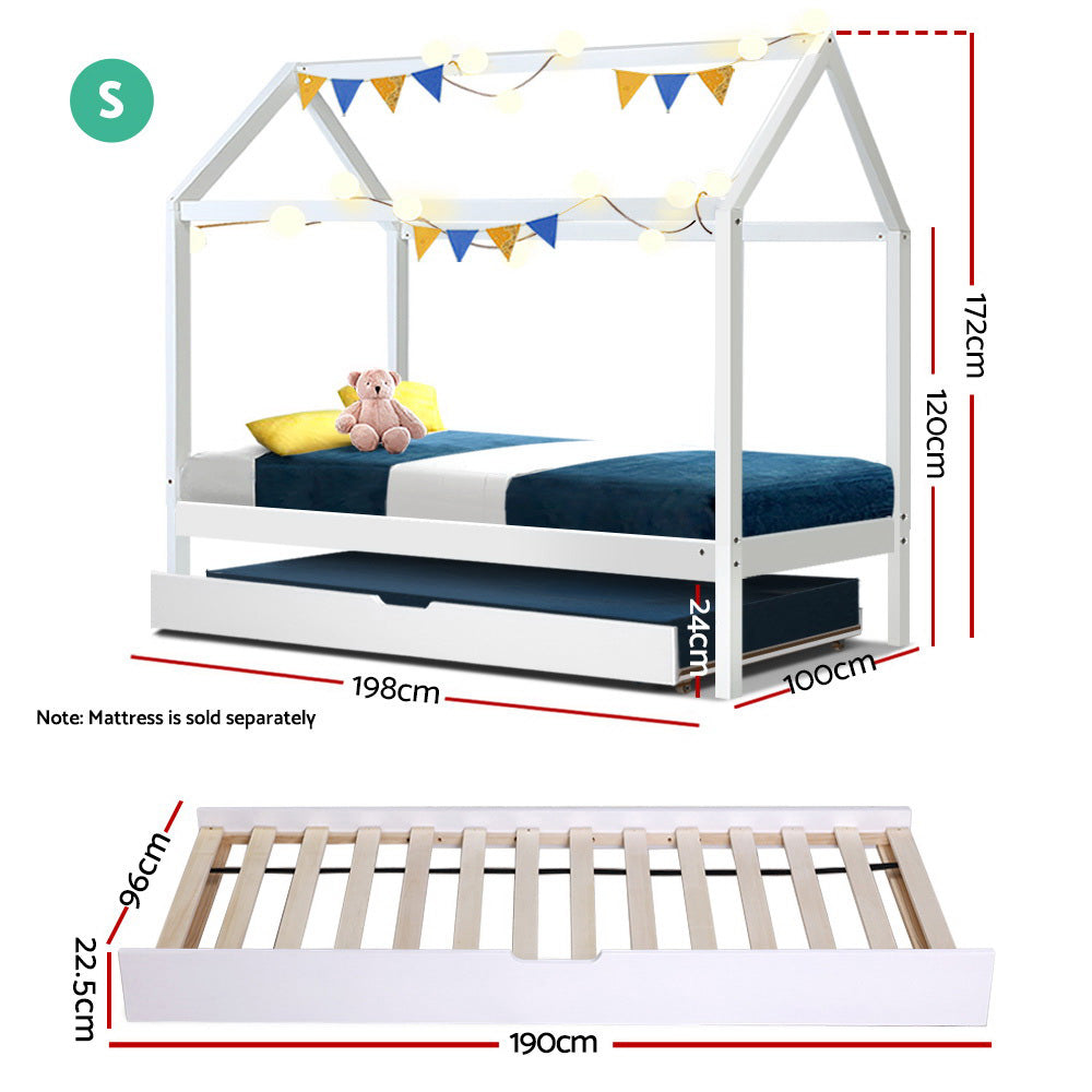 Mason Trundle Wooden House Bed Frame Pine Timber Platform - White Single