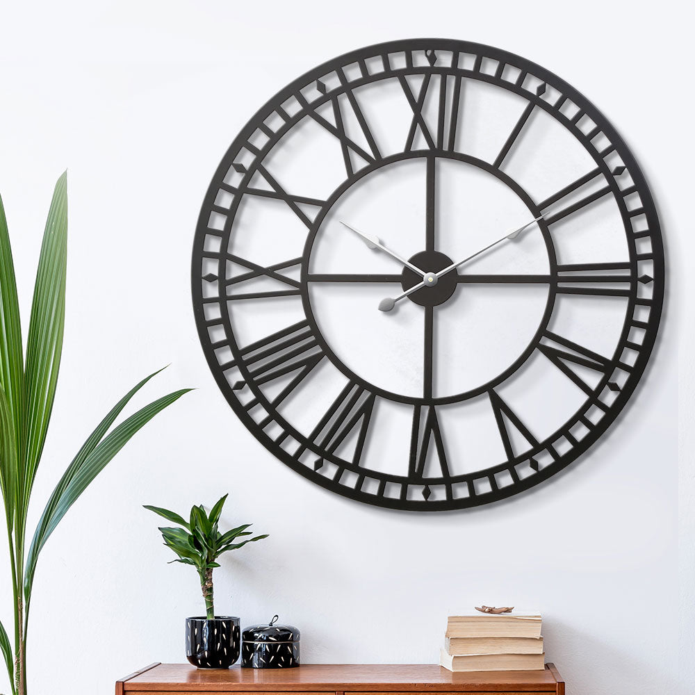 60cm Large Wall Clock Roman Numerals Round Metal Luxury Home Decor Black