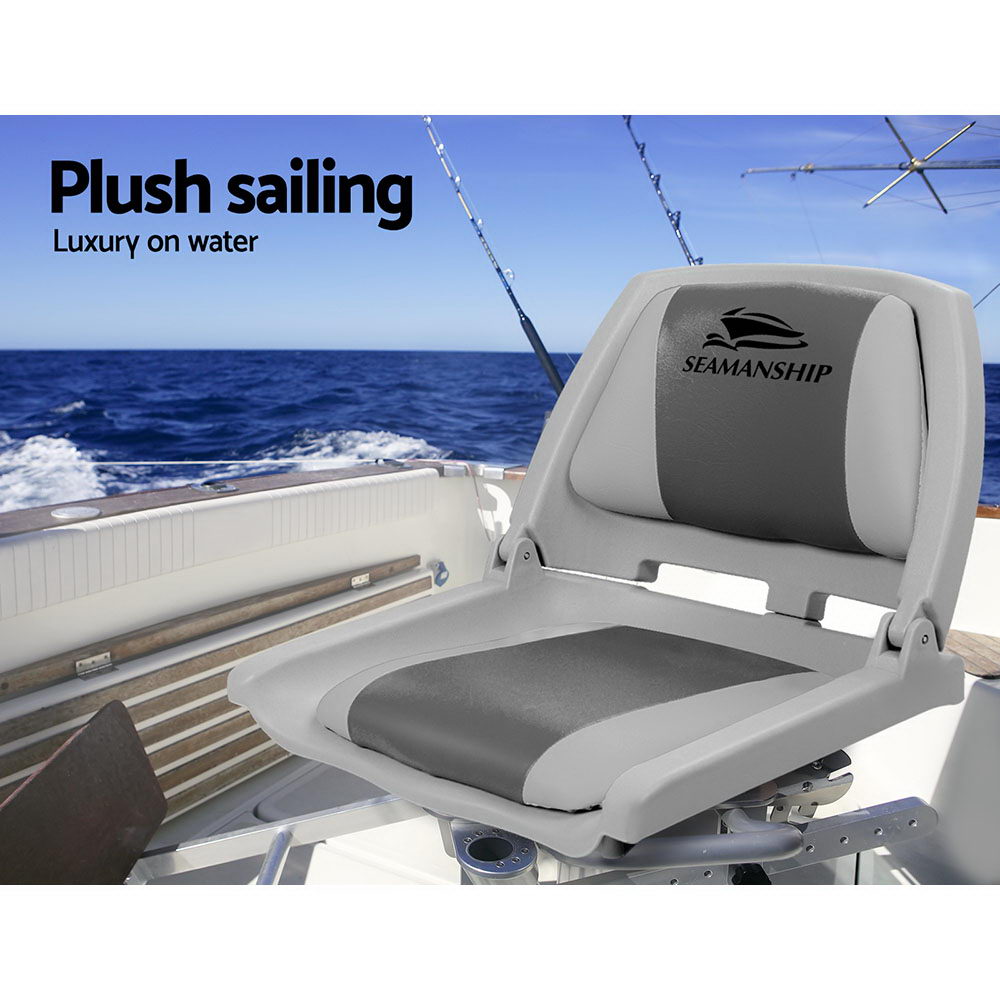 Set of 2 Folding Boat Seats Marine Seat Swivel Low Back 4cm Padding Grey