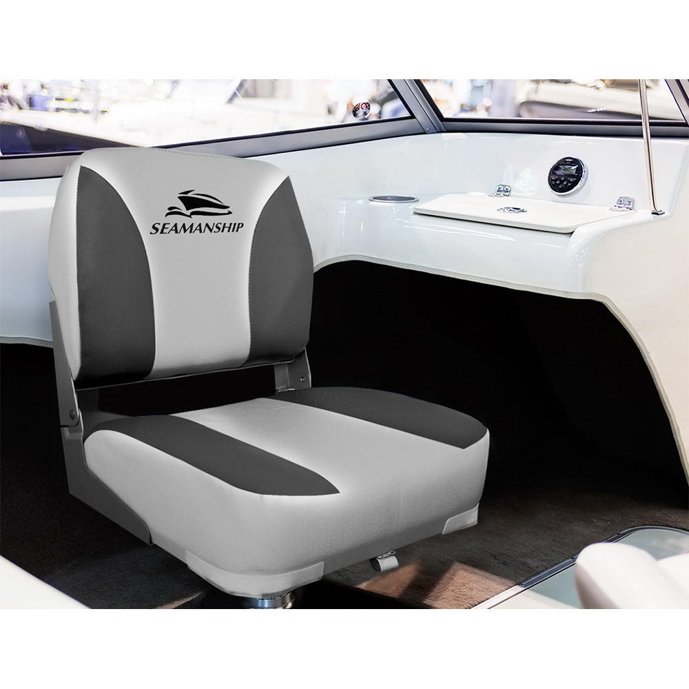 Set of 2 Folding Boat Seats Marine Swivel Low Back 13cm Padding Charcoal