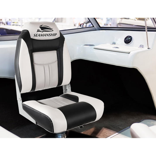 Set of 2 Folding Boat Seats Marine Seat Swivel High Back 12cm Padding Grey