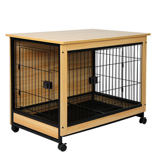 Wooden Wire Dog Kennel Side End Table Steel Puppy Crate Indoor Pet House - Wood Large
