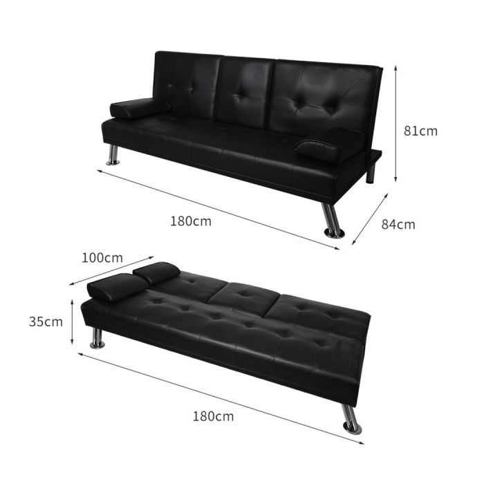 Marny 3 Seater Adjustable Sofa Bed Lounge Futon Couch Leather Beds Cup Holder Recliner - Black