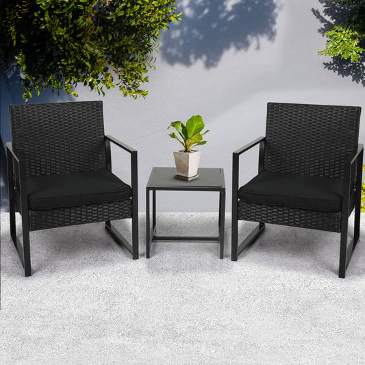 Maxx 2-Seater Furniture Chair Tableting Patio Garden Rattan Seat 3-Piece Outdoor Setting - Black