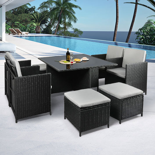Jack 8-Seater Patio Furniture Dining Garden Lounge 9-Piece Outdoor Table And Chair Set - Black