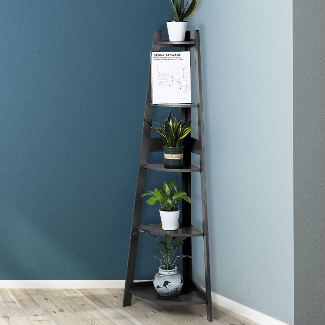5 Tier Corner Shelf Wooden Storage Home Display Rack Plant Stand - Black
