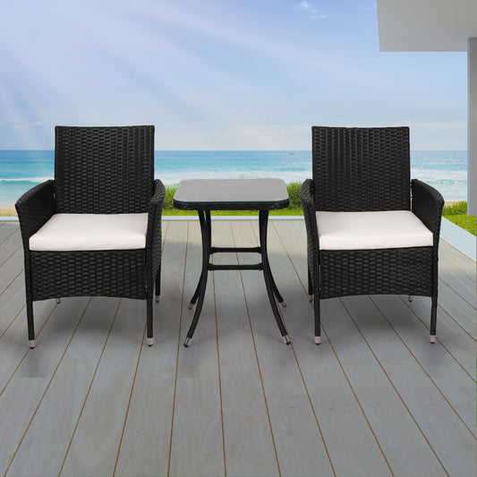 Finn 2-Seater Furniture Chair Table Patio Garden Rattan Seat 3-Piece Outdoor Setting - Black