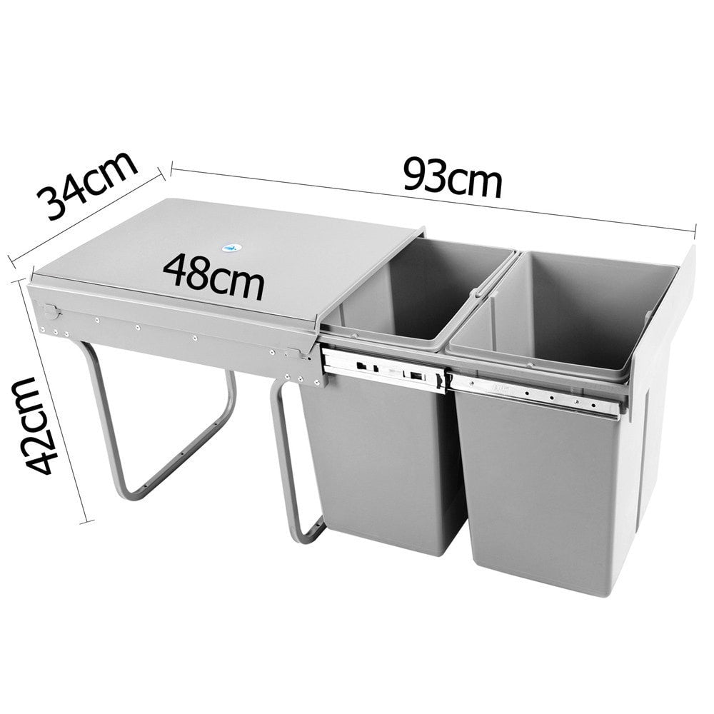 Pull Out Bin Kitchen Double Basket 2X20L Grey