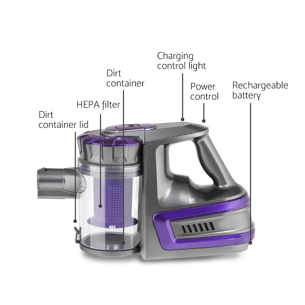 150W Stick Handstick Handheld Cordless Vacuum Cleaner 2-Speed with Headlight Purple