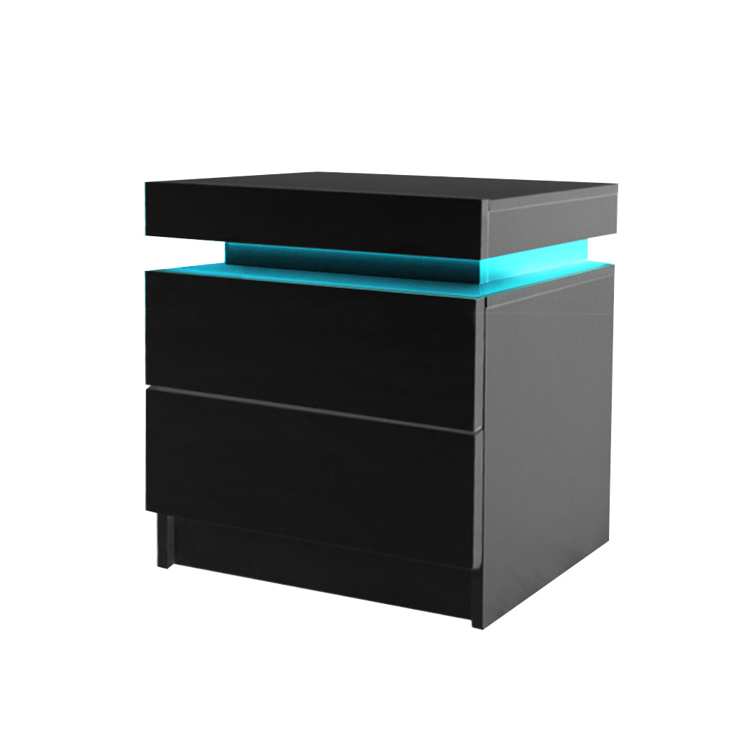 Inuvik LED Bedside Tables RGB LED Side Table High Gloss Nightstand Cabinet with 2 Drawers - Black