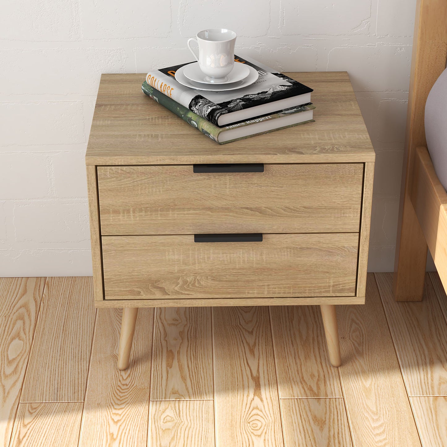 Equimalt Wooden Bedside Tables with 2 Drawers - Light Brown