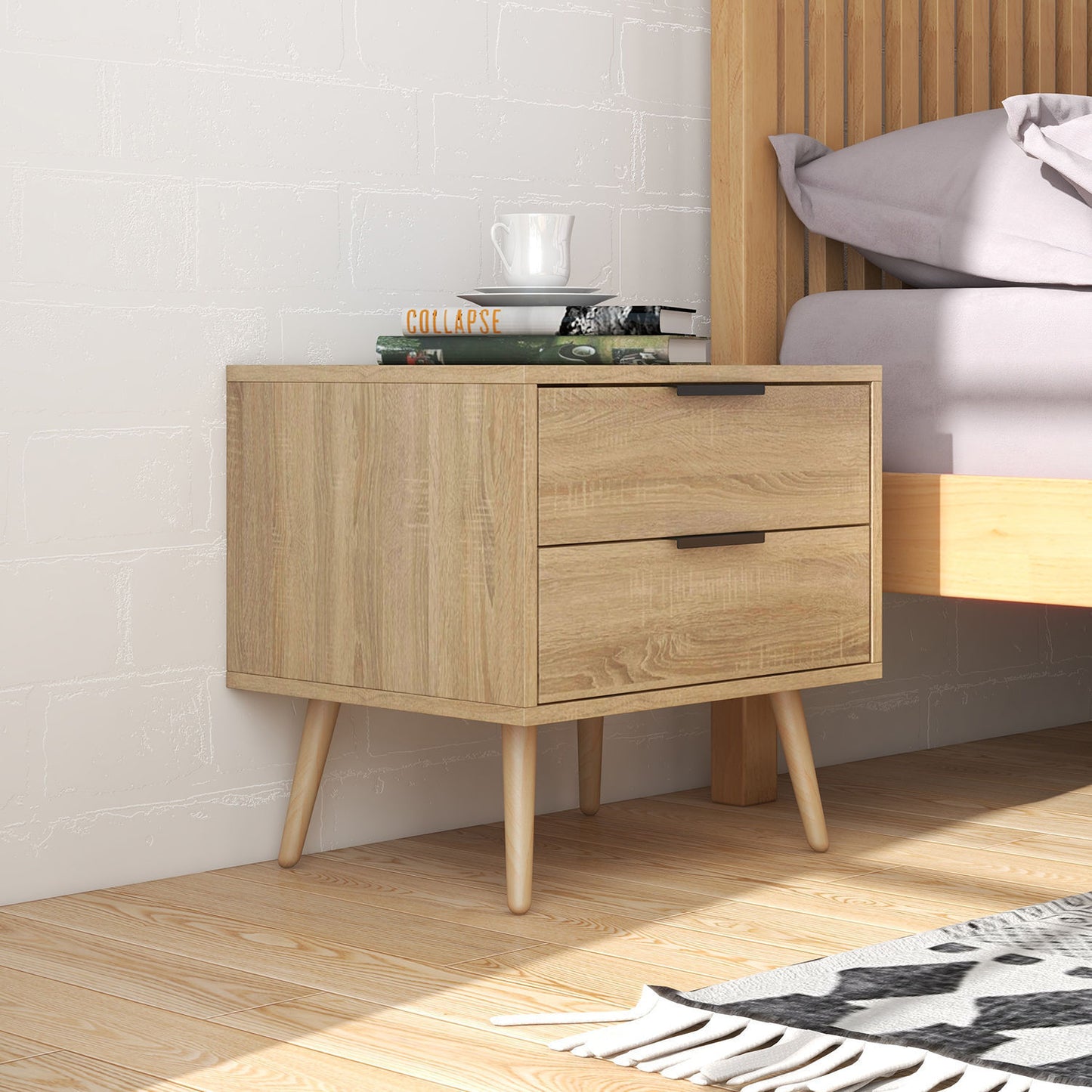Equimalt Wooden Bedside Tables with 2 Drawers - Light Brown