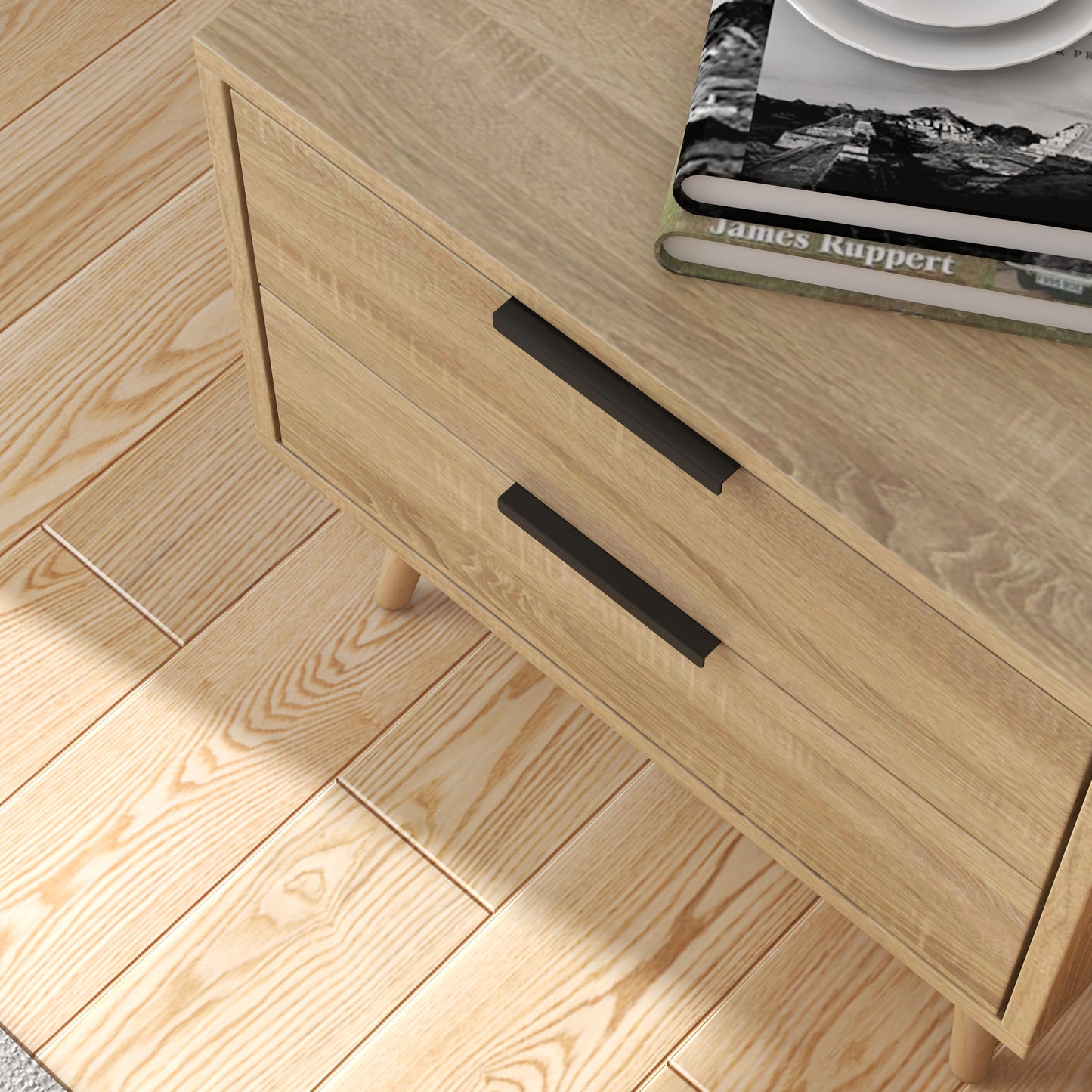 Equimalt Wooden Bedside Tables with 2 Drawers - Light Brown