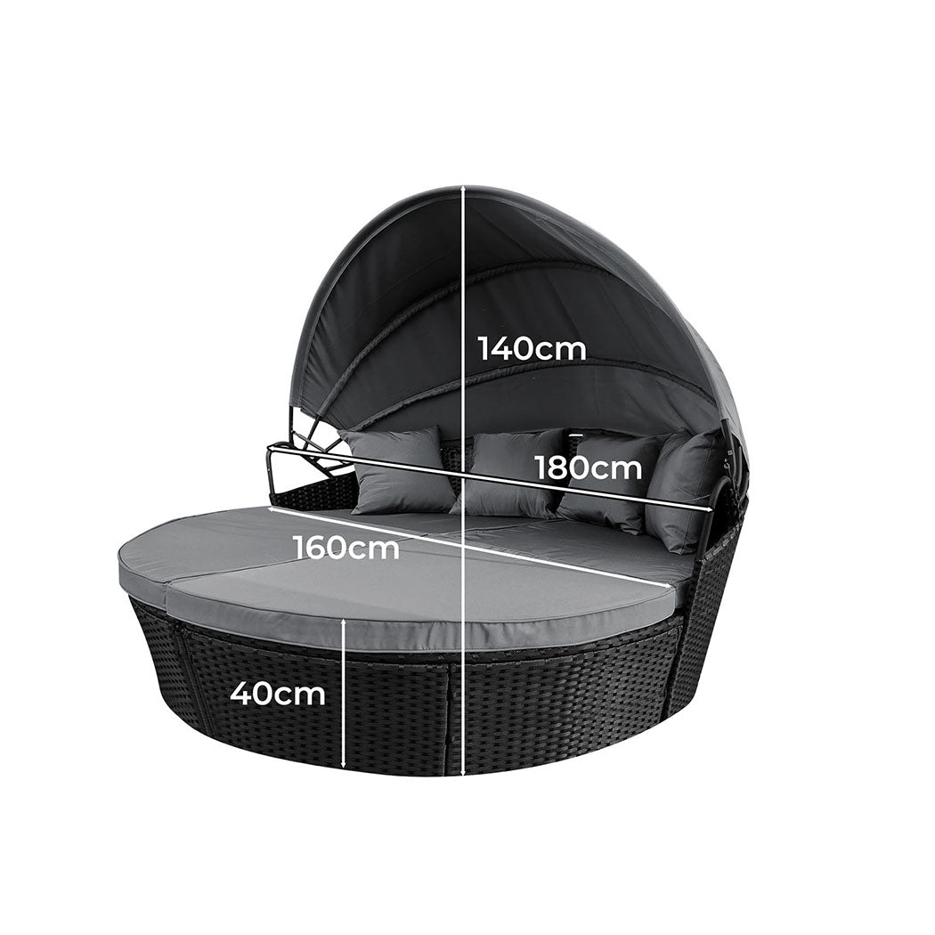 Amelie Day Bed Sofa Daybed Outdoor Garden Sun Lounge Furniture Wicker Round with Grey Cushion - Black