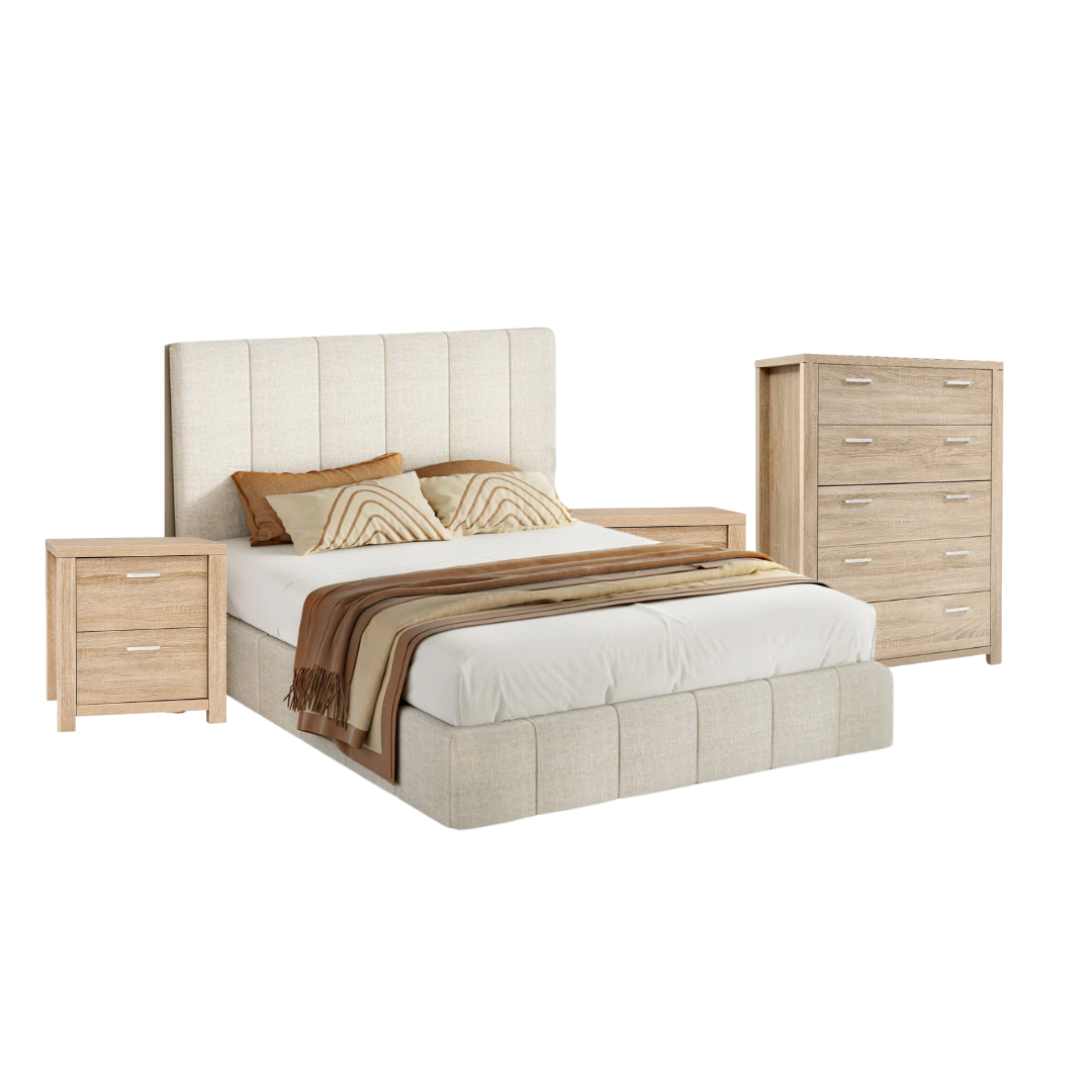 Harlech Queen Bedroom Suite 5 Piece 1x Queen Mattress, 1x Queen Fabric Bed Frame, 2x Wooden Bedside Tables and 1x Tallboy