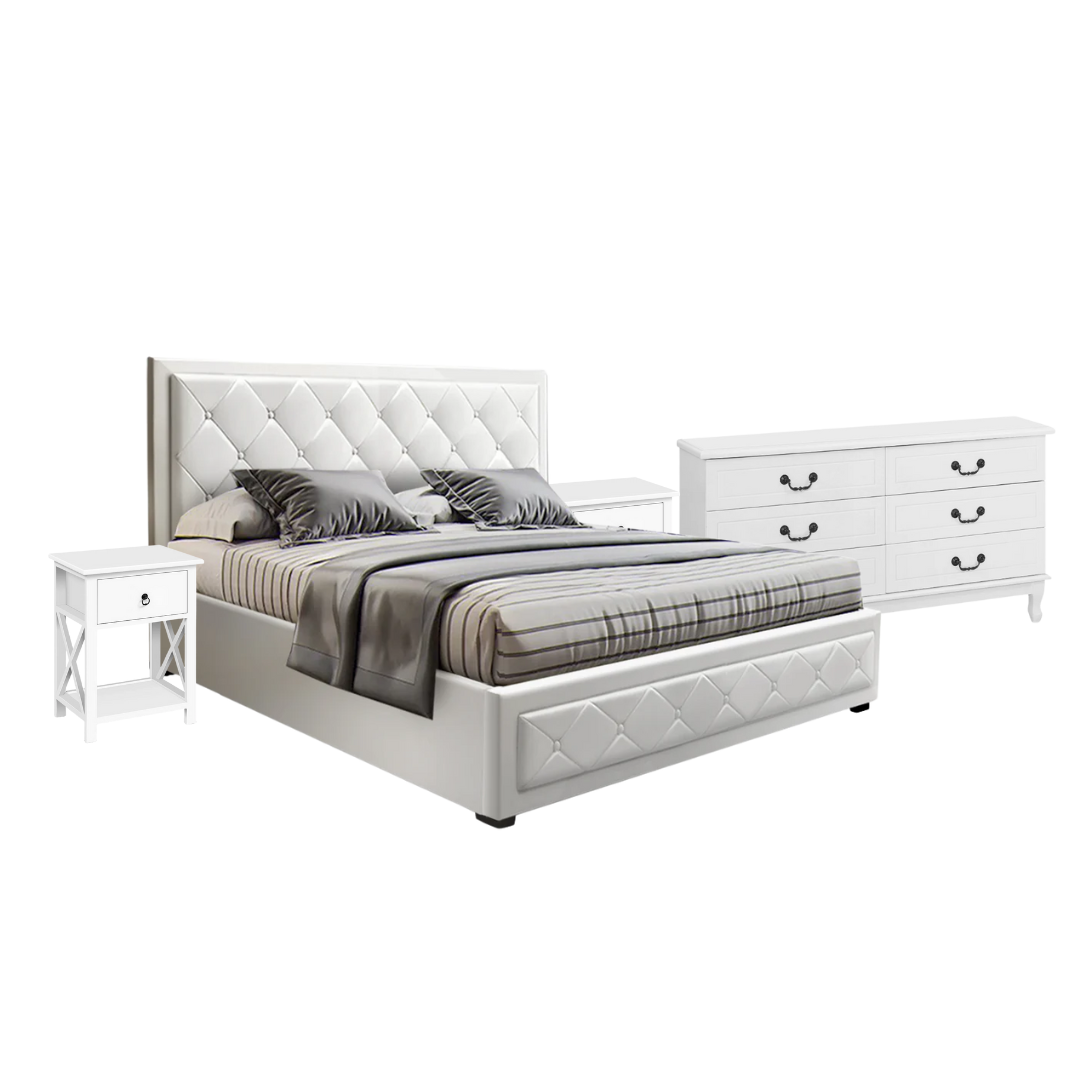 Cardiff Queen Bedroom Suite 5 Piece 1x Queen Mattress, 1x Queen Gas Lift Bed Frame, 1x Set of 2 Bedside Table and 1x White Tallboy