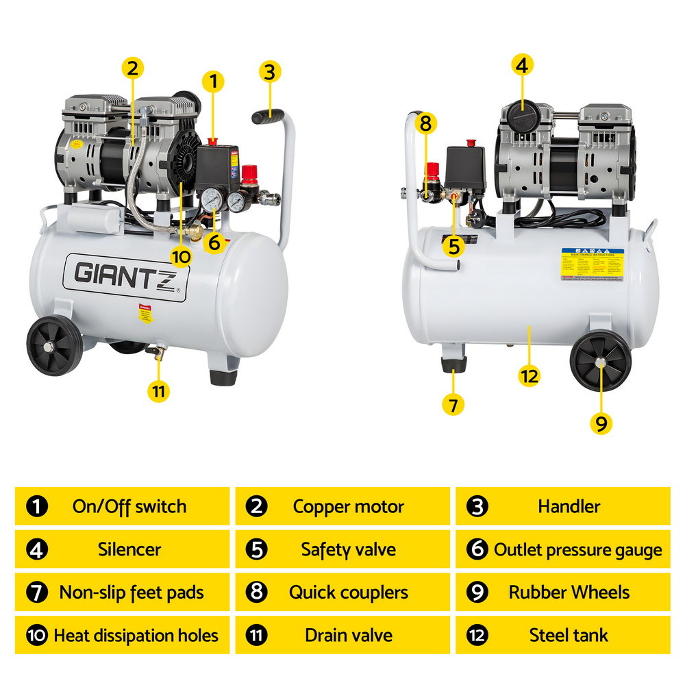 24L Air Compressor Quiet 0.75HP Oil-Free Portable Tyre Inflator 40L/Min
