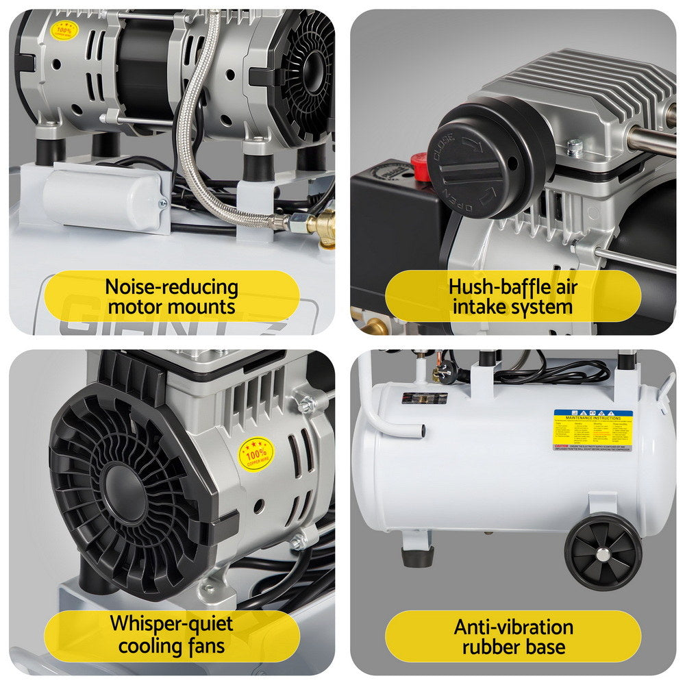24L Air Compressor Quiet 0.75HP Oil-Free Portable Tyre Inflator 40L/Min
